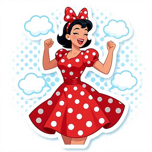 Colorful digital illustration of a smiling, dark-haired woman in a red polka dot dress and bow, dancing with raised fists.