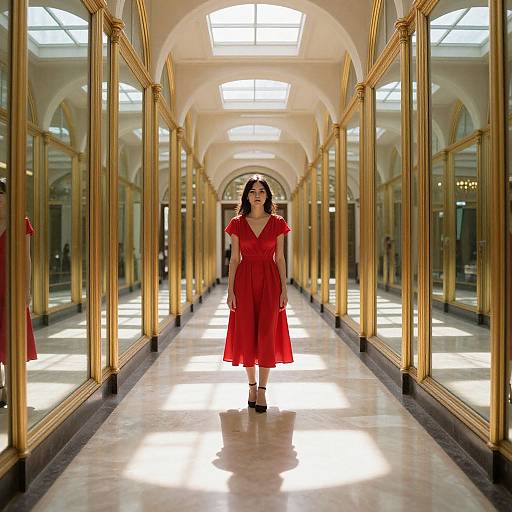 Photograph of a woman in a vibrant red dress walking down a luxurious, mirrored hallway with golden columns and arches.