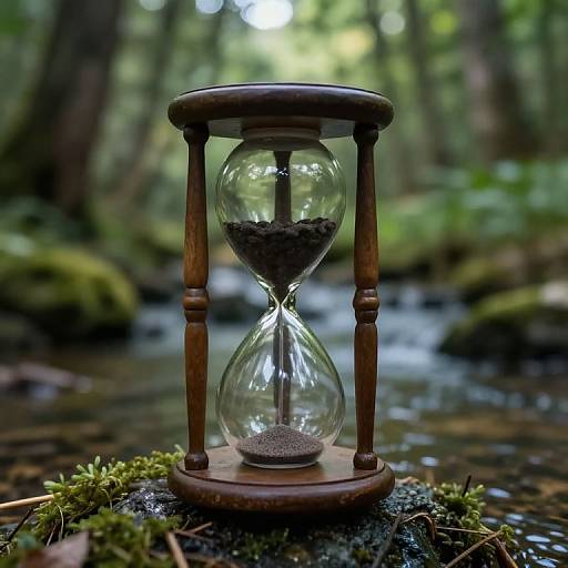 Photograph of an antique wooden hourglass with sand on a moss-covered rock in a serene, sunlit forest creek.