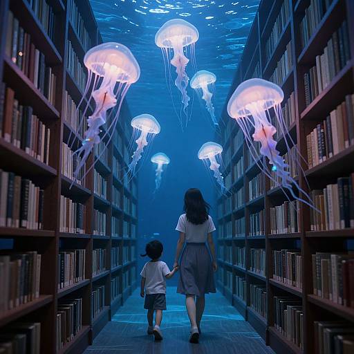 Photograph of a woman and child holding hands down a library aisle with glowing blue jellyfish floating overhead.