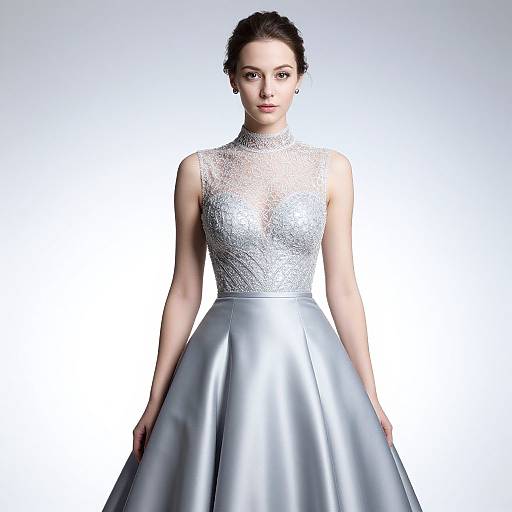 Photograph of a young woman with fair skin and dark hair in an elegant, sleeveless silver lace and satin ball gown.