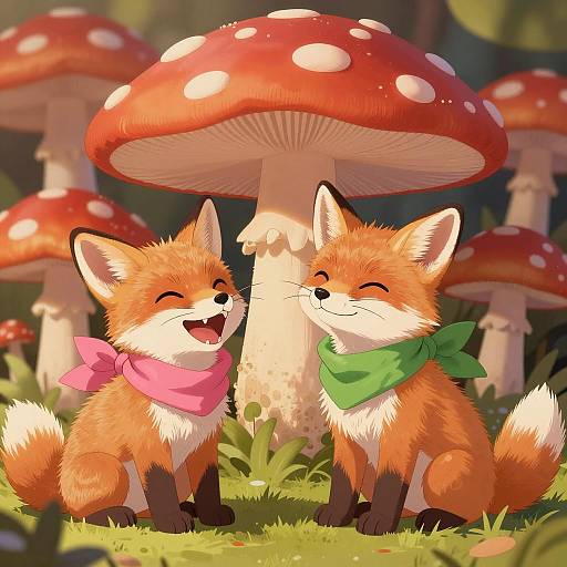 Charming Fox Kittens Under Spotted Mushrooms