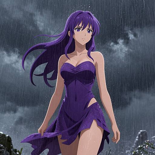 Anime-style digital drawing of a purple-haired woman in a wet, strapless, purple dress, standing in the rain under a stormy sky.