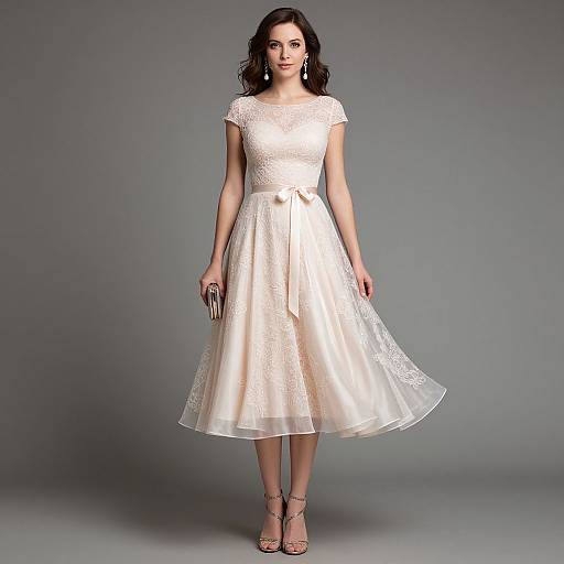 Photograph of a fair-skinned, dark-haired woman in a cream-colored, lace-trimmed, knee-length dress with a bow, standing against