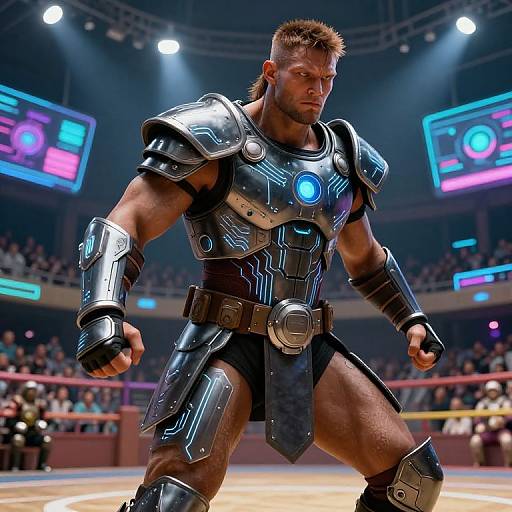 CGI image of a muscular, blond male warrior in futuristic black and silver armor with glowing blue accents, poised in a brightly lit arena with crowds and