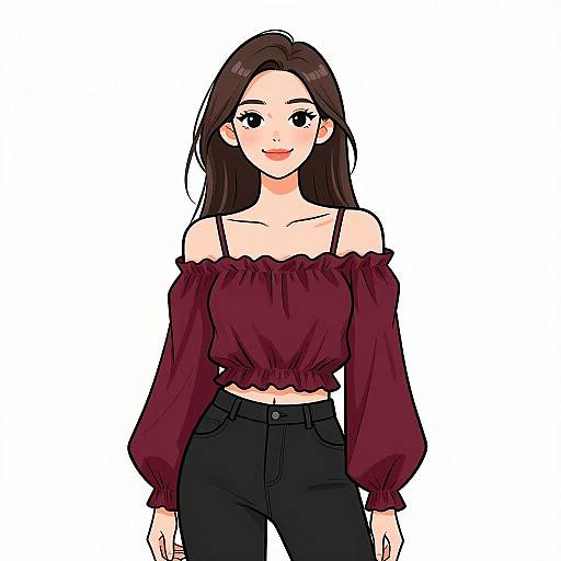 Digital anime-style drawing of a smiling young woman with long brown hair, wearing an off-shoulder maroon top and black high-waisted pants