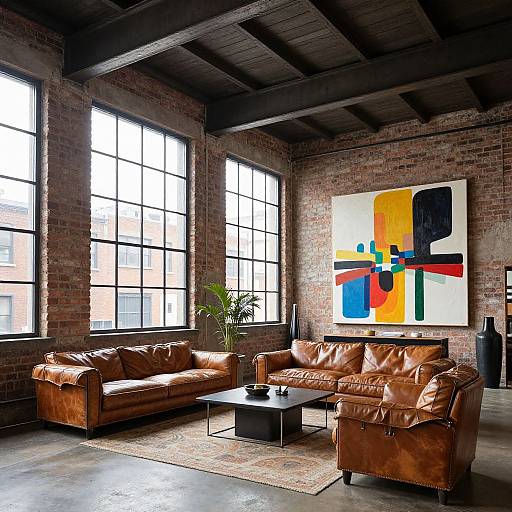 Photograph of a modern loft living room with brown leather couches, black-framed windows, abstract colorful painting, and exposed brick walls.