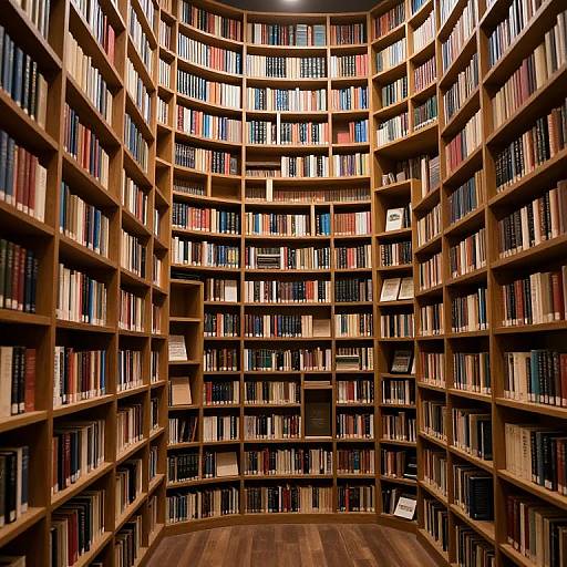 Photograph of a vast, circular wooden library with shelves filled with colorful books, creating a dense, labyrinthine bookshelf structure.