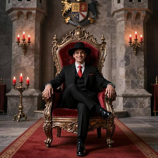 Man in Black Suit Sitting on Ornate Throne in Castle