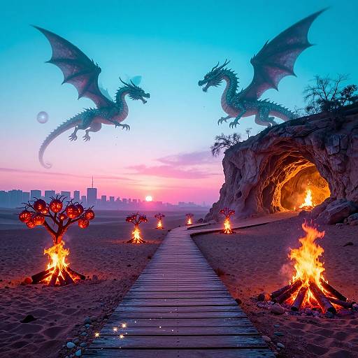 Magical Sunrise with Flying Dragons