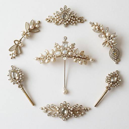 Photograph of six ornate, vintage-style jewelry pieces featuring pearls, gemstones, and intricate filigree, arranged in a circular pattern on a