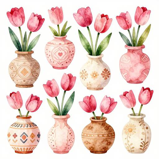 Watercolor illustration of nine pink tulips in diverse, patterned ceramic vases arranged in a 3x3 grid on a white background.