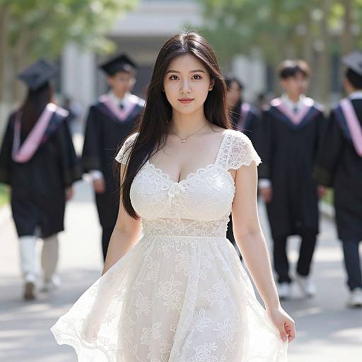 Photograph of an Asian woman with long black hair in a white lace dress, standing outdoors, with blurred graduates in black gowns and caps in the