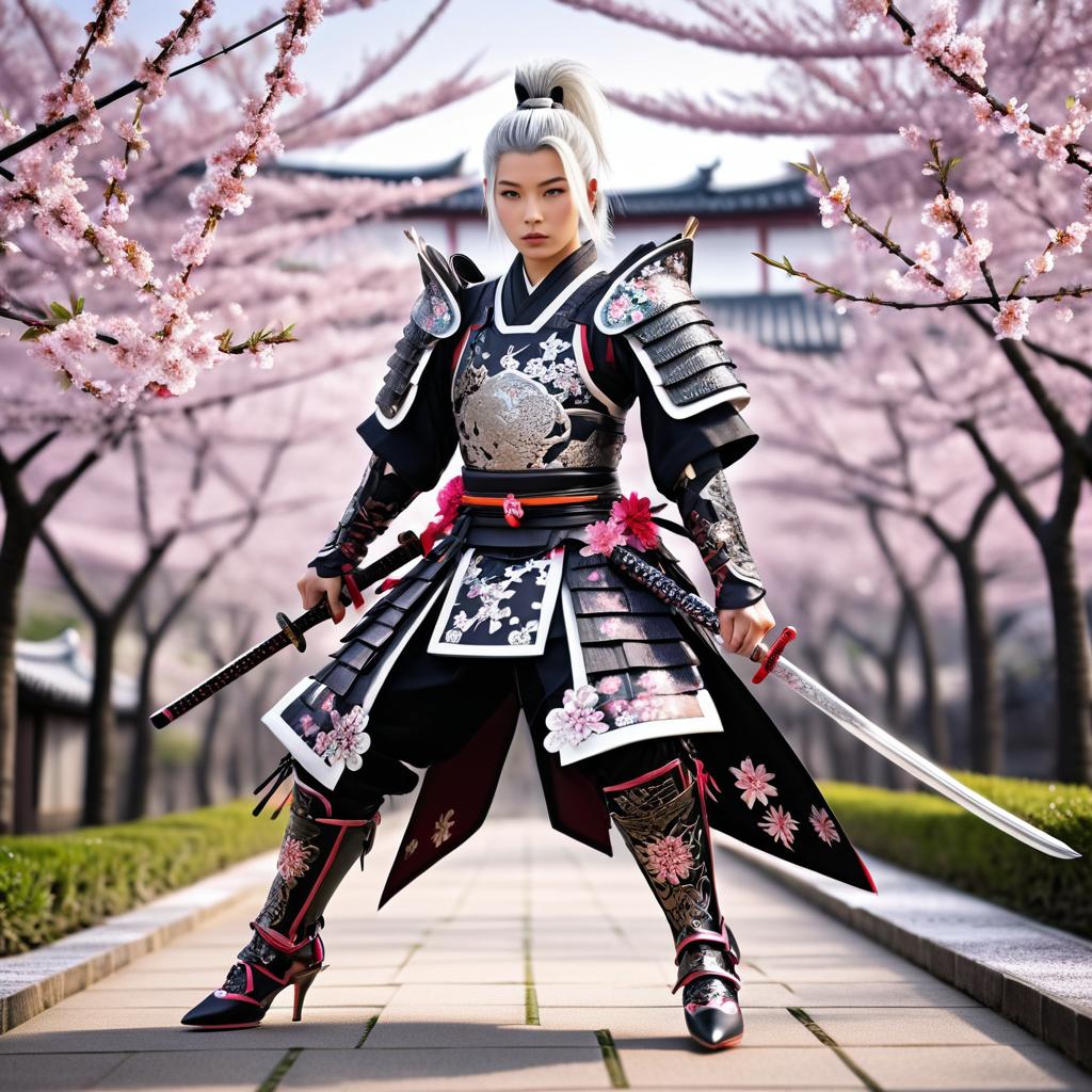 Fierce Japanese Samurai in Cherry Blossoms