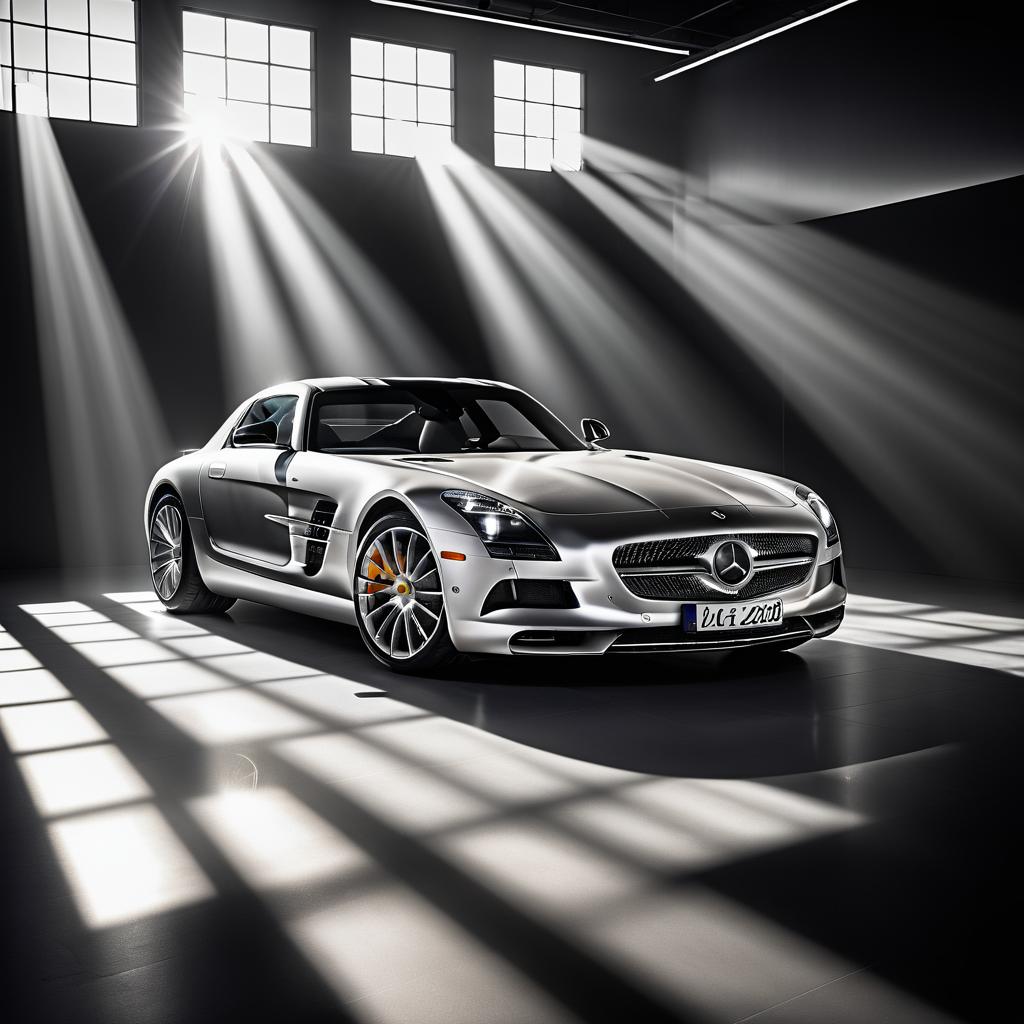 Cinematic Mercedes-Benz SLS in Luxury Showroom