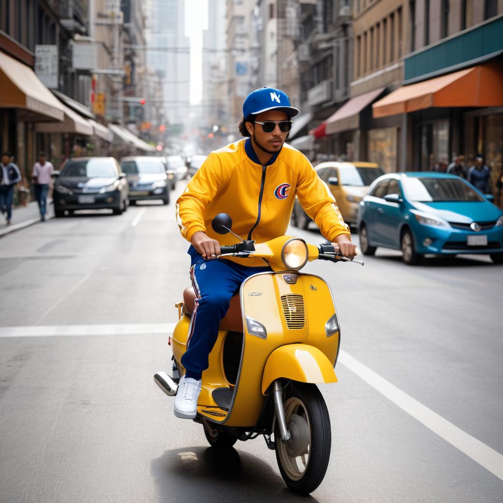 Classic Moped Rider in Busy Downtown