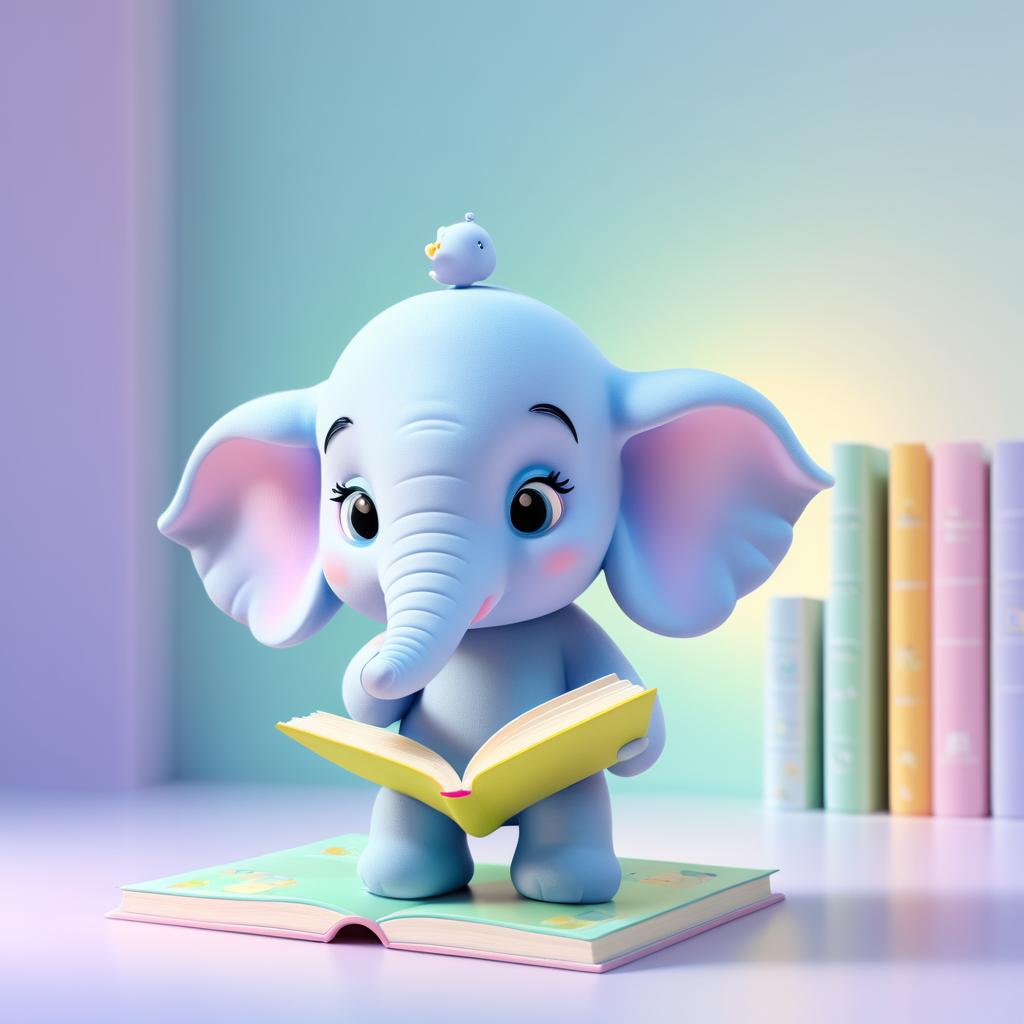 Charming Elephant Reading in Pastel Wonderland