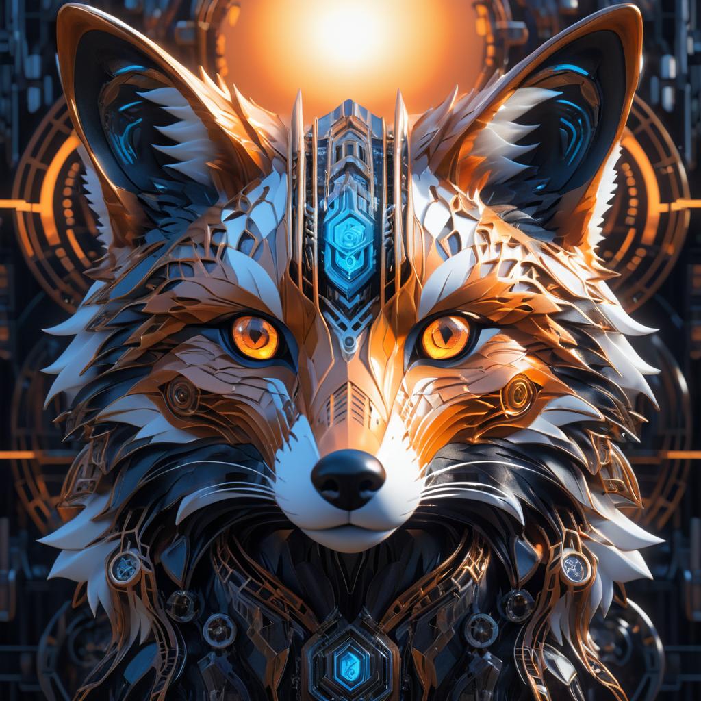 Intricate Cybernetic Fox at Sunset