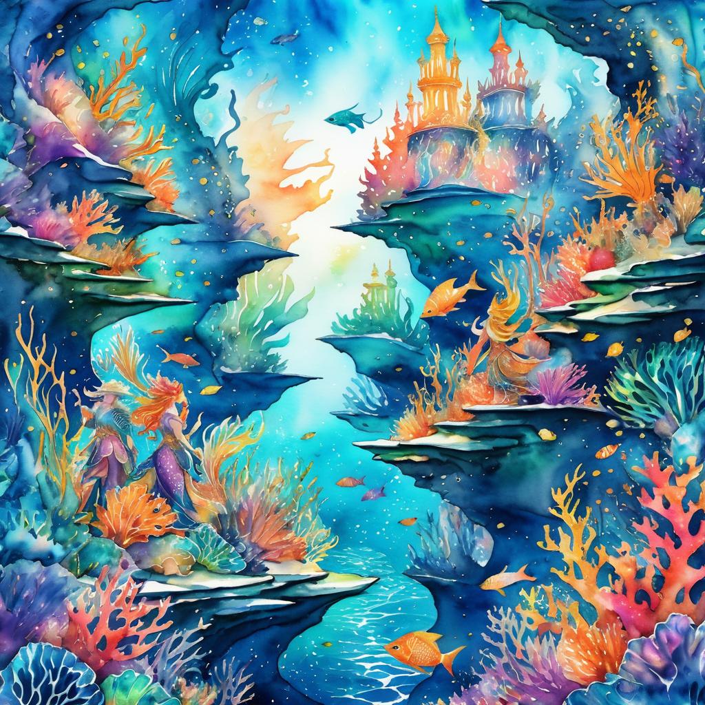 Fantasy Merfolk Navigators in Coral Reef