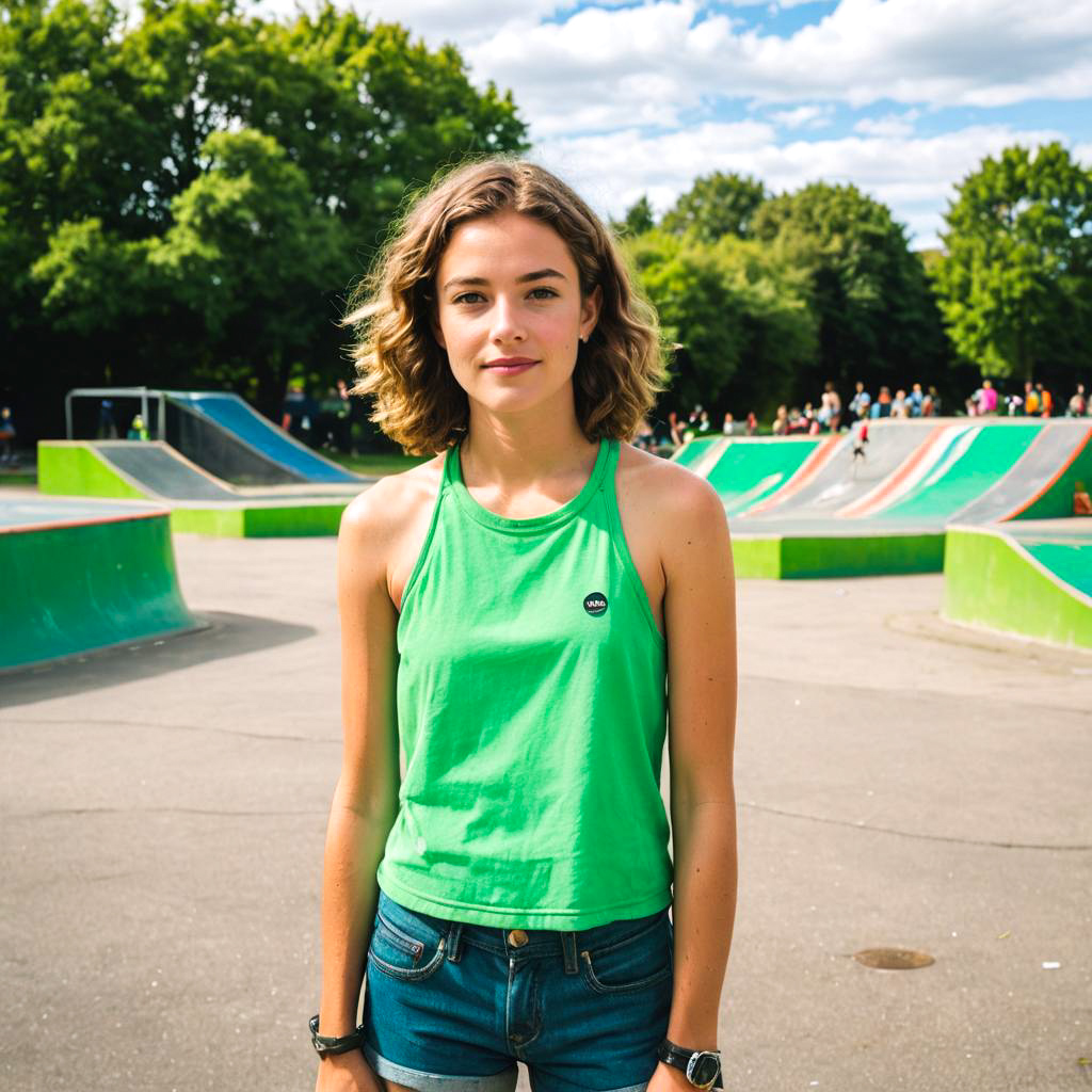 Skateboarding Teen in Vibrant Green Top