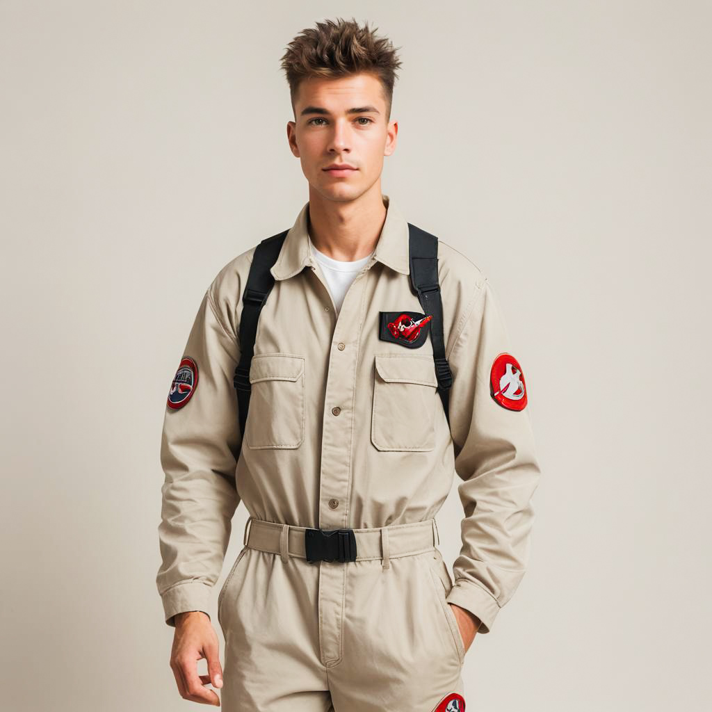 Excited Young Man in Ghostbusters Outfit