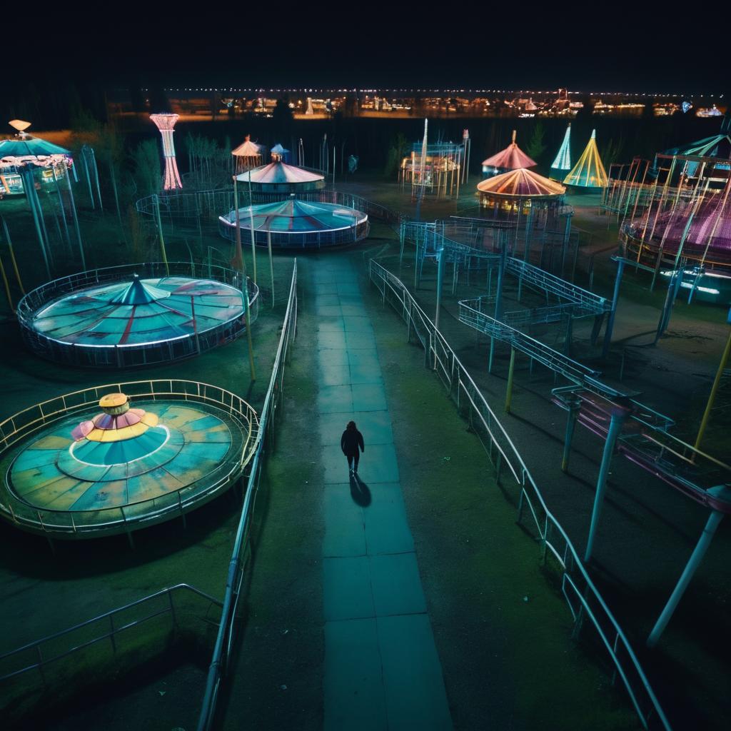 Cinematic Aerial View of Abandoned Amusement Park