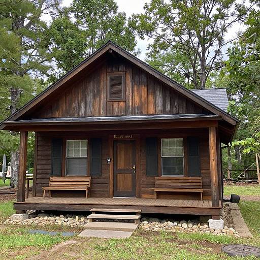 Photograph of a rustic, dark wooden cabin with a steep roof, two benches, two windows, and a central door, set amid a forest with