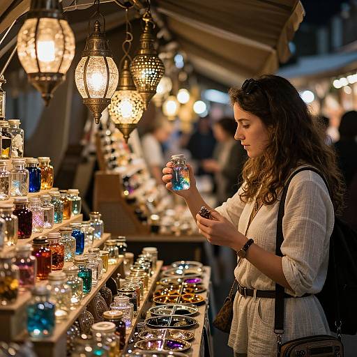 Photograph of a curly-haired woman in a white blouse examining colorful glass bottles with glowing lanterns in a bustling market stall.
