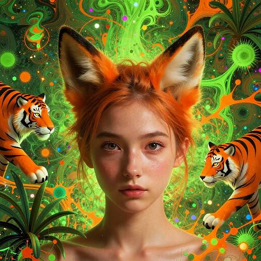 Digital artwork of a young woman with fox ears, fiery red hair, surrounded by vibrant green swirls, two tiger heads, and colorful splashes,