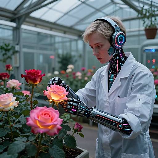 Futuristic Botanist Tending Luminescent Roses
