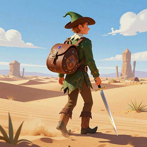 Digital art: Wizard in green cloak and hat, with brown backpack and sword, walks through sunlit desert with ancient ruins in background.