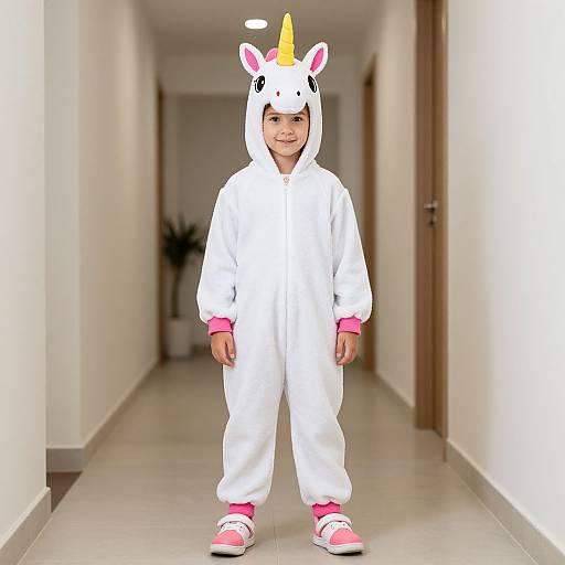 Photograph of a smiling young child in a white unicorn onesie with pink cuffs and pink shoes, standing in a bright, narrow hallway.