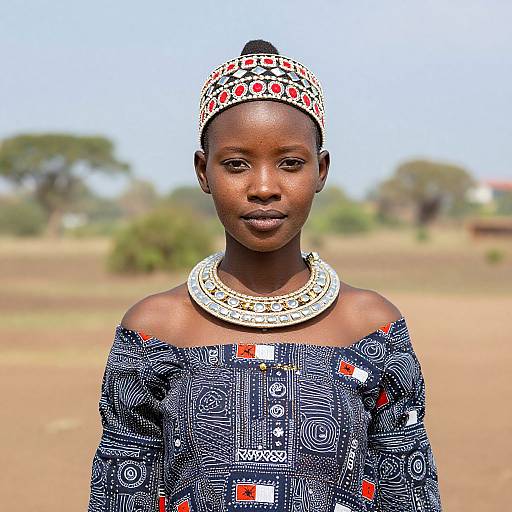Photograph of a young African woman with dark skin, wearing a patterned headwrap, off-shoulder blue and white dress, and large orn