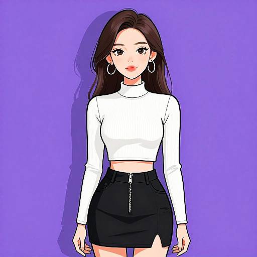 Digital anime-style drawing of a young woman with long brown hair, wearing a white crop top, black skirt with zipper, and hoop earrings, against a
