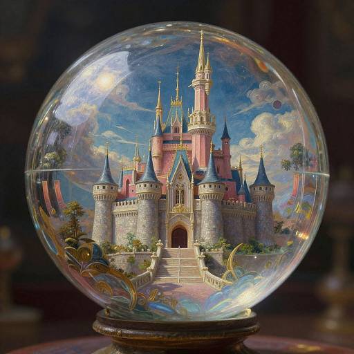 Photograph of a detailed, colorful glass snow globe containing a miniature, fairy-tale castle with pink towers, blue spires, and lush greenery