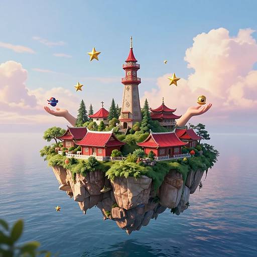 Digital artwork of a floating island with red-roofed buildings, a tall tower, lush greenery, and two hands holding stars and a gold orb