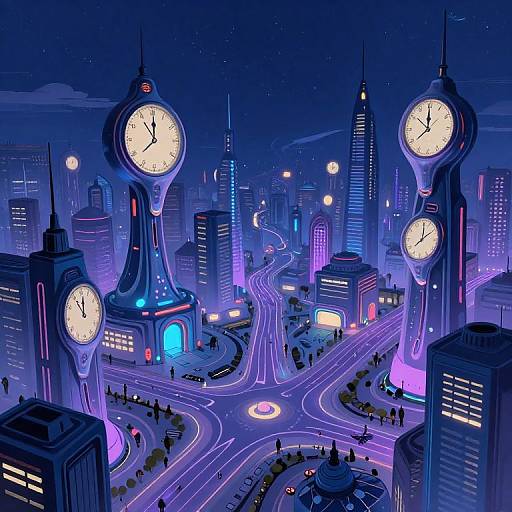 Digital illustration of a futuristic city at night, featuring glowing neon lights, clock towers, and illuminated roads with small figures.