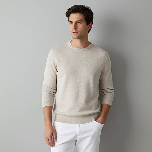 Photograph of a handsome young man with short dark hair, wearing a light beige sweater and white pants, standing against a plain gray wall, looking to