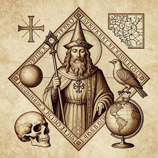 Sepia-toned drawing of a bearded wizard in a pointed hat, holding a staff, surrounded by a skull, globe, bird, cross,
