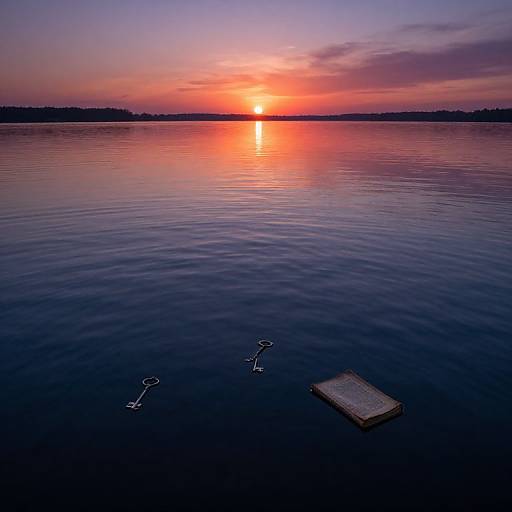 Photograph of a serene sunset over a calm lake, with a floating wooden platform and two life preservers in the foreground.
