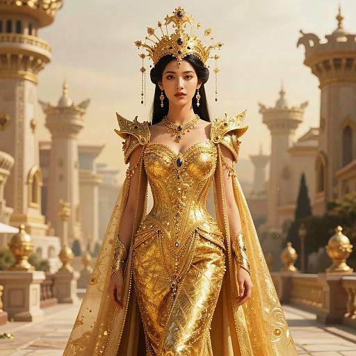 Regal Woman in Fantasy Cityscape