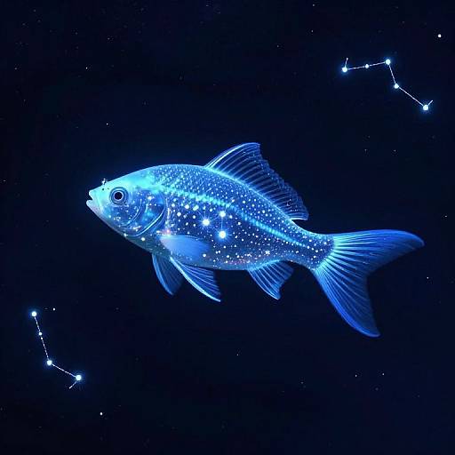 Glowing blue fish with star-like speckles swimming in a dark, starry night sky with constellation patterns in the background. Digital artwork.