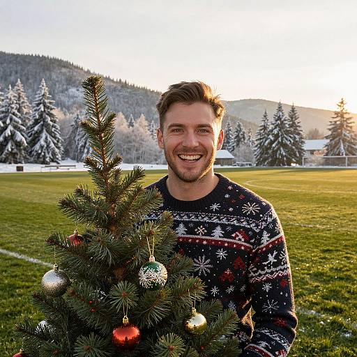 Photograph of a smiling man with light brown hair, wearing a black Christmas sweater, standing in front of a decorated Christmas tree on a snowy field with