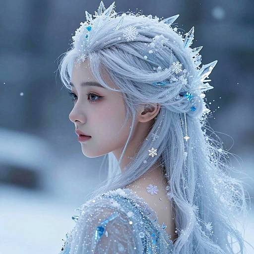 Digital art: Young woman with icy white hair, snowflake crown, and shimmering blue dress, looks sideways with a calm expression. Glowing,