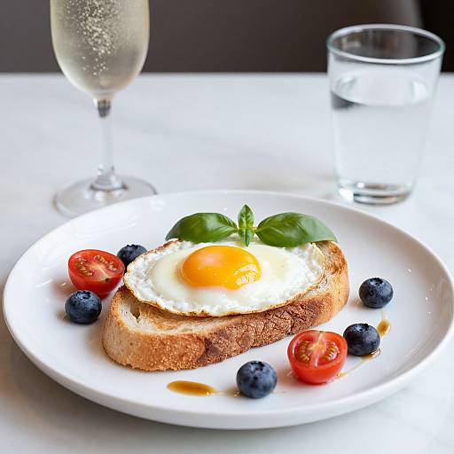 Photograph of a breakfast plate with sunny-side-up egg, basil, cherry tomatoes, blueberries on toasted bread, glass of water, and champagne flute