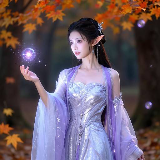 Digital artwork of an ethereal, fair-skinned elf woman with long black hair, wearing a shimmering silver dress, conjuring a glowing bubble in