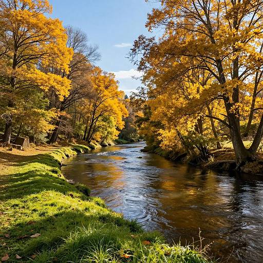 Photograph of a serene autumn river with vibrant yellow-orange leaves, clear blue sky, and lush green grass along the banks.