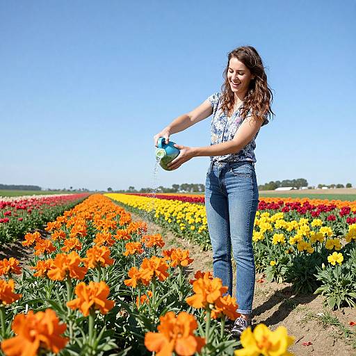 Photograph of a smiling woman with curly brown hair, wearing a white floral shirt and blue jeans, watering vibrant orange and yellow flower rows under a clear