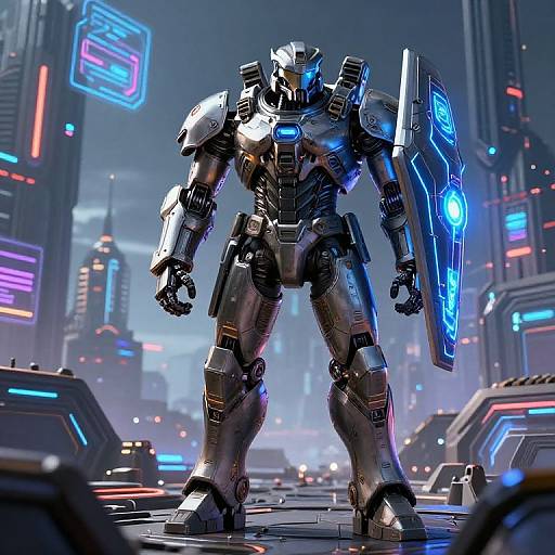CGI image of a futuristic, silver robotic warrior with glowing blue lights, holding a neon-blue shield, standing in a neon-lit cyberpunk city