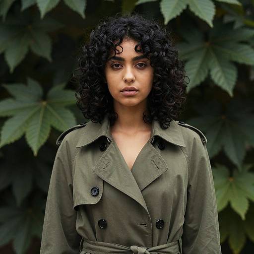 Photograph of a young woman with curly black hair, olive skin, and dark eyes, wearing a green military-style jacket, standing against a dark green